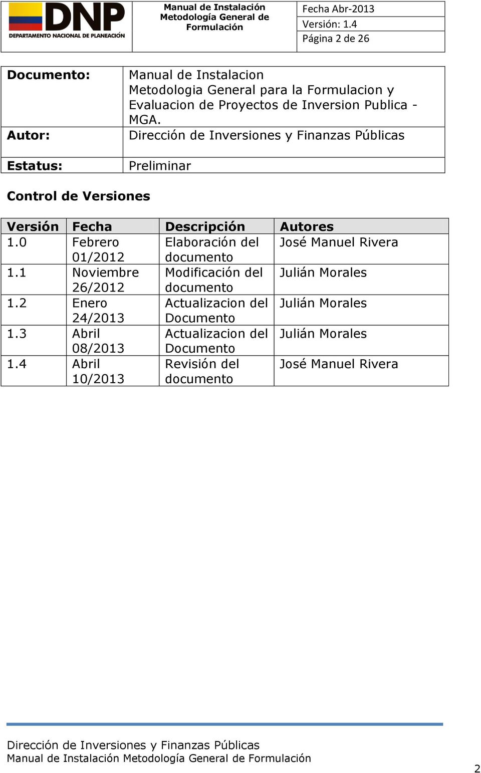 0 Febrero Elaboración del José Manuel Rivera 01/2012 documento 1.1 Noviembre Modificación del Julián Morales 26/2012 documento 1.