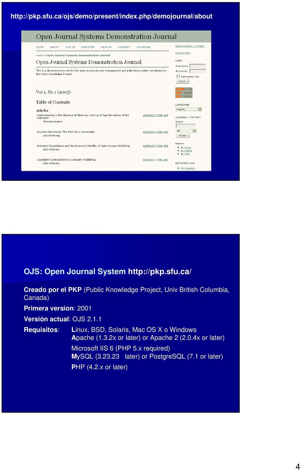 php/demojournal/about OJS: Open Journal System ca/ Creado por el PKP (Public Knowledge Project, Univ British
