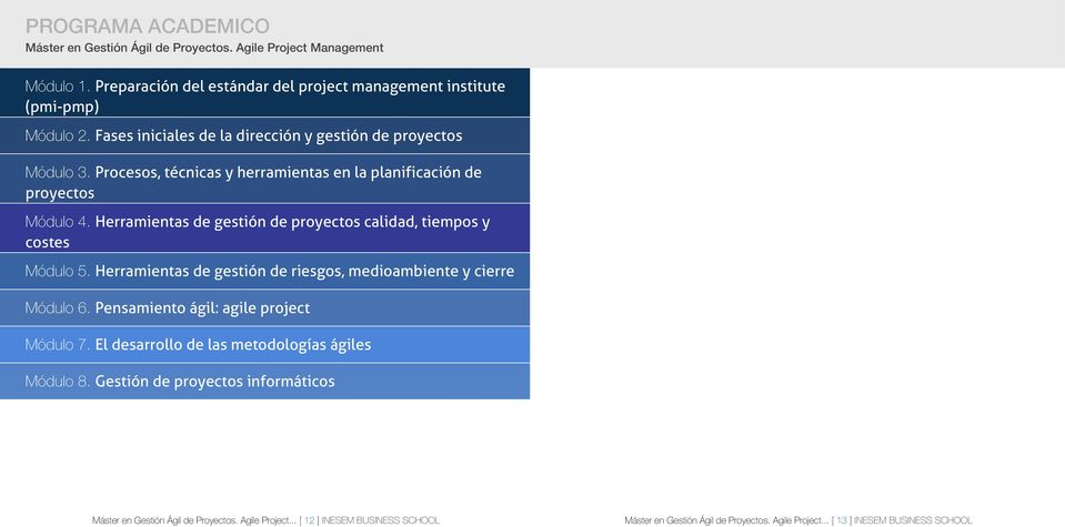 Herramientas de gestión de proyectos calidad, tiempos y costes Módulo 5. Herramientas de gestión de riesgos, medioambiente y cierre Módulo 6. Pensamiento ágil: agile project Módulo 7.
