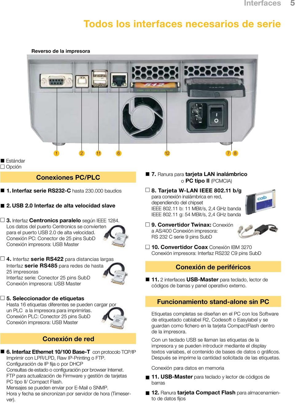 Conexión PC: Conector de 25 pins SubD Conexión impresora: USB Master 4.