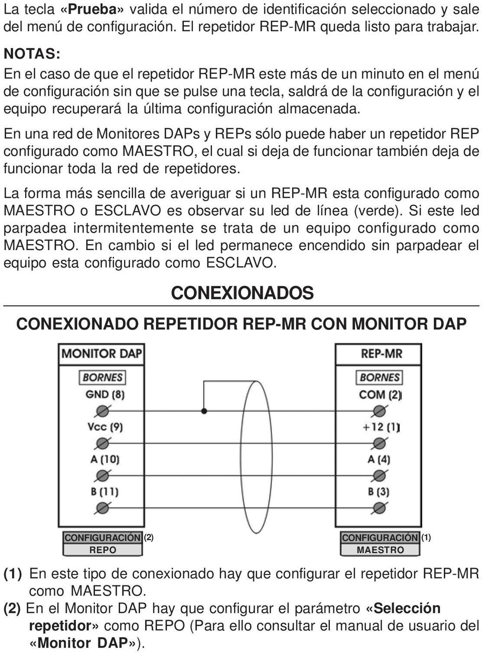 almacenada. En una red de Monitores DAPs y REPs sólo puede haber un repetidor REP configurado como MAESTRO, el cual si deja de funcionar también deja de funcionar toda la red de repetidores.