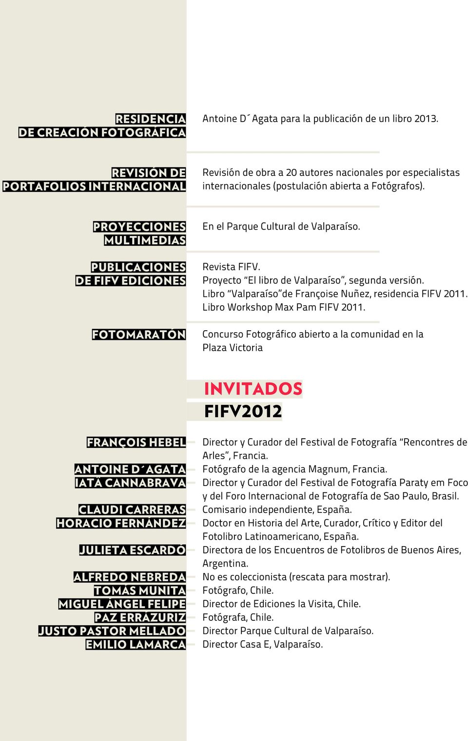 PROYECCIONES multimedias PUBLICACIONES DE FIFV EDICIONES FOTOMARATÓN En el Parque Cultural de Valparaíso. Revista FIFV. Proyecto El libro de Valparaíso, segunda versión.