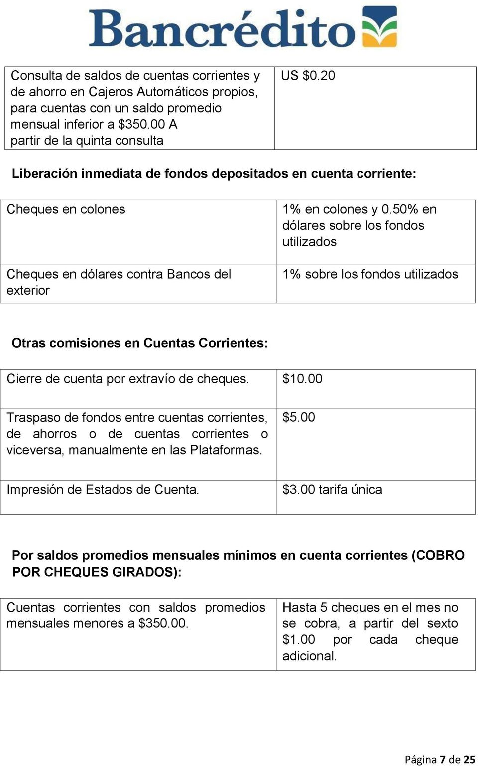 50% en dólares sobre los fondos utilizados 1% sobre los fondos utilizados Otras comisiones en Cuentas Corrientes: Cierre de cuenta por extravío de cheques. $10.