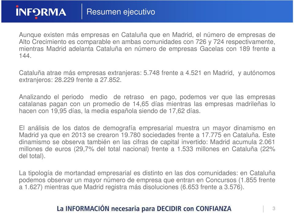 Analizando el periodo medio de retraso en pago, podemos ver que las empresas catalanas pagan con un promedio de 14,65 días mientras las empresas madrileñas lo hacen con 19,95 días, la media española