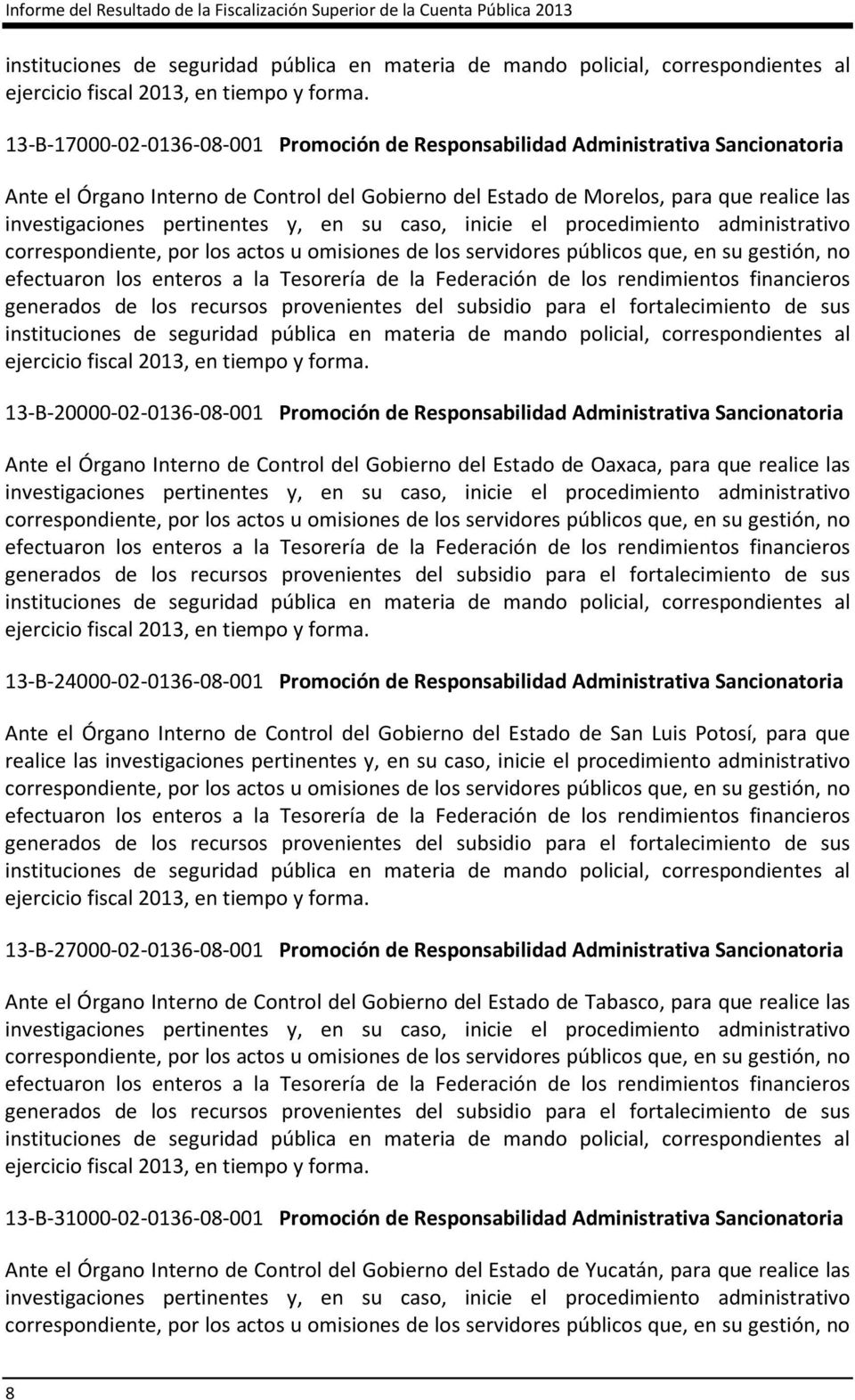 13-B-17000-02-0136-08-001 Promoción de Responsabilidad Administrativa Sancionatoria Ante el Órgano Interno de Control del Gobierno del Estado de Morelos, para que realice las investigaciones
