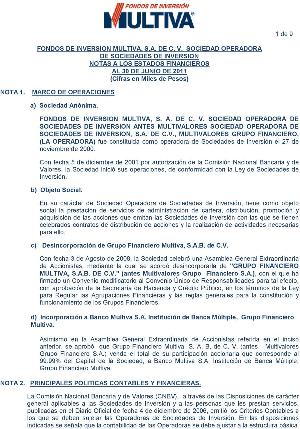 A. DE C.V., MULTIVALORES GRUPO FINANCIERO, (LA OPERADORA) fue constituida como operadora de Sociedades de Inversión el 27 de noviembre de 2000.