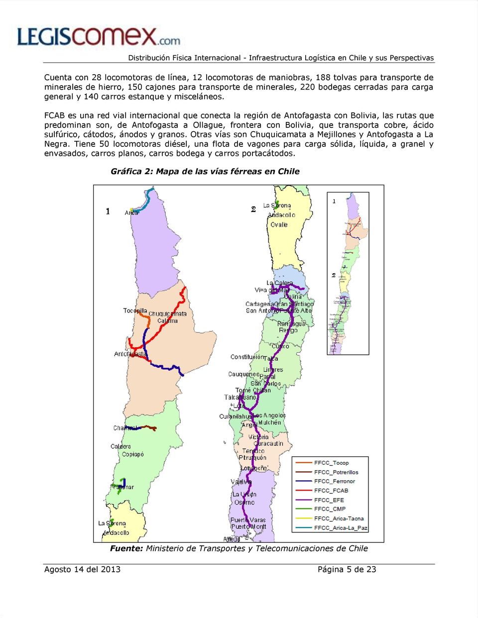FCAB es una red vial internacional que conecta la región de Antofagasta con Bolivia, las rutas que predominan son, de Antofogasta a Ollague, frontera con Bolivia, que transporta cobre, ácido