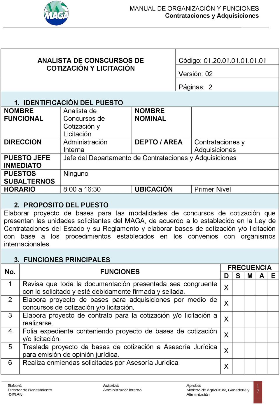 2 DEPTO / AREA Contrataciones y Adquisiciones Jefe del Departamento de HORARIO 8:00 a 16:30 UBICACIÓN Primer Nivel 2.