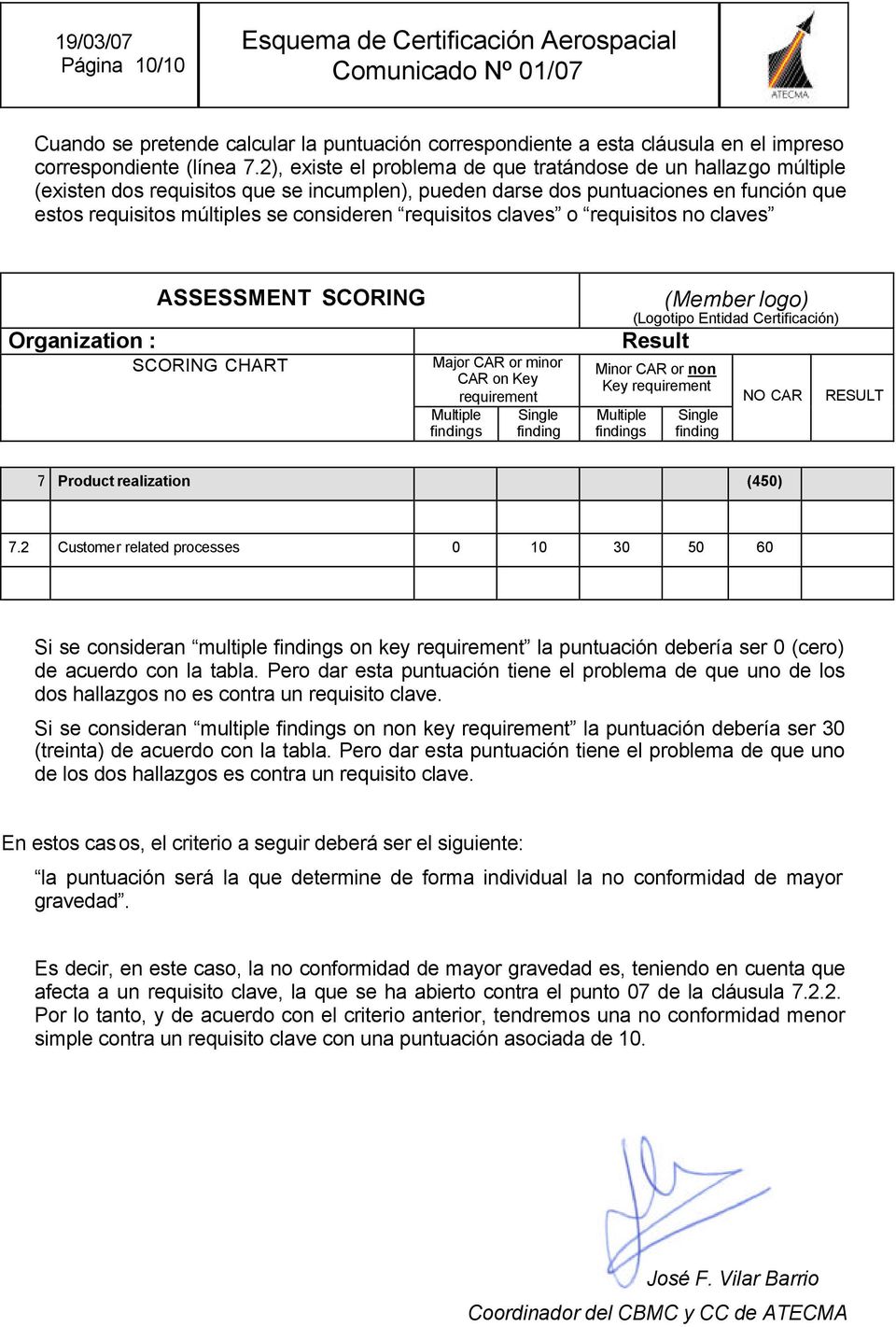 requisitos claves o requisitos no claves Organization : ASSESSMENT SCORING SCORING CHART Major CAR or minor CAR on Key requirement Multiple findings Single finding (Member logo) (Logotipo Entidad