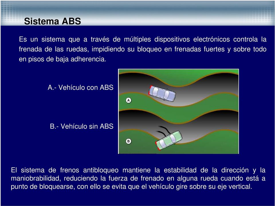- Vehículo sin ABS El sistema de frenos antibloqueo mantiene la estabilidad de la dirección y la maniobrabilidad,