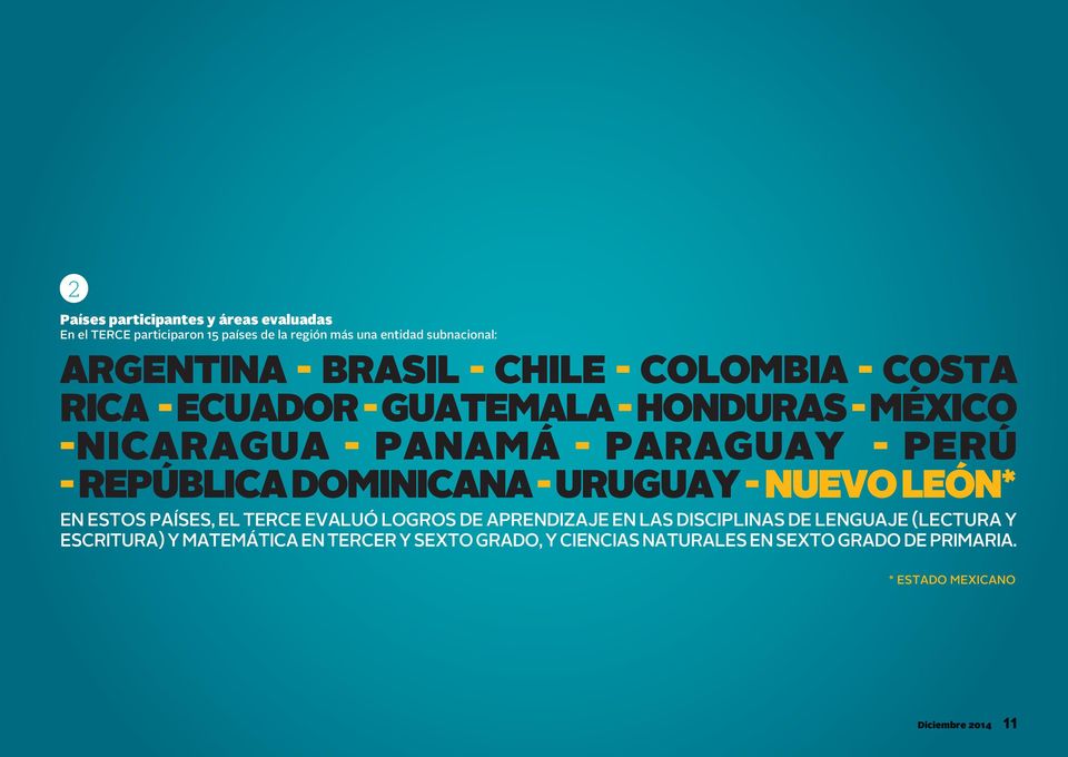 Dominicana - Uruguay - Nuevo León* En estos países, el TERCE evaluó logros de aprendizaje en las disciplinas de Lenguaje (Lectura y