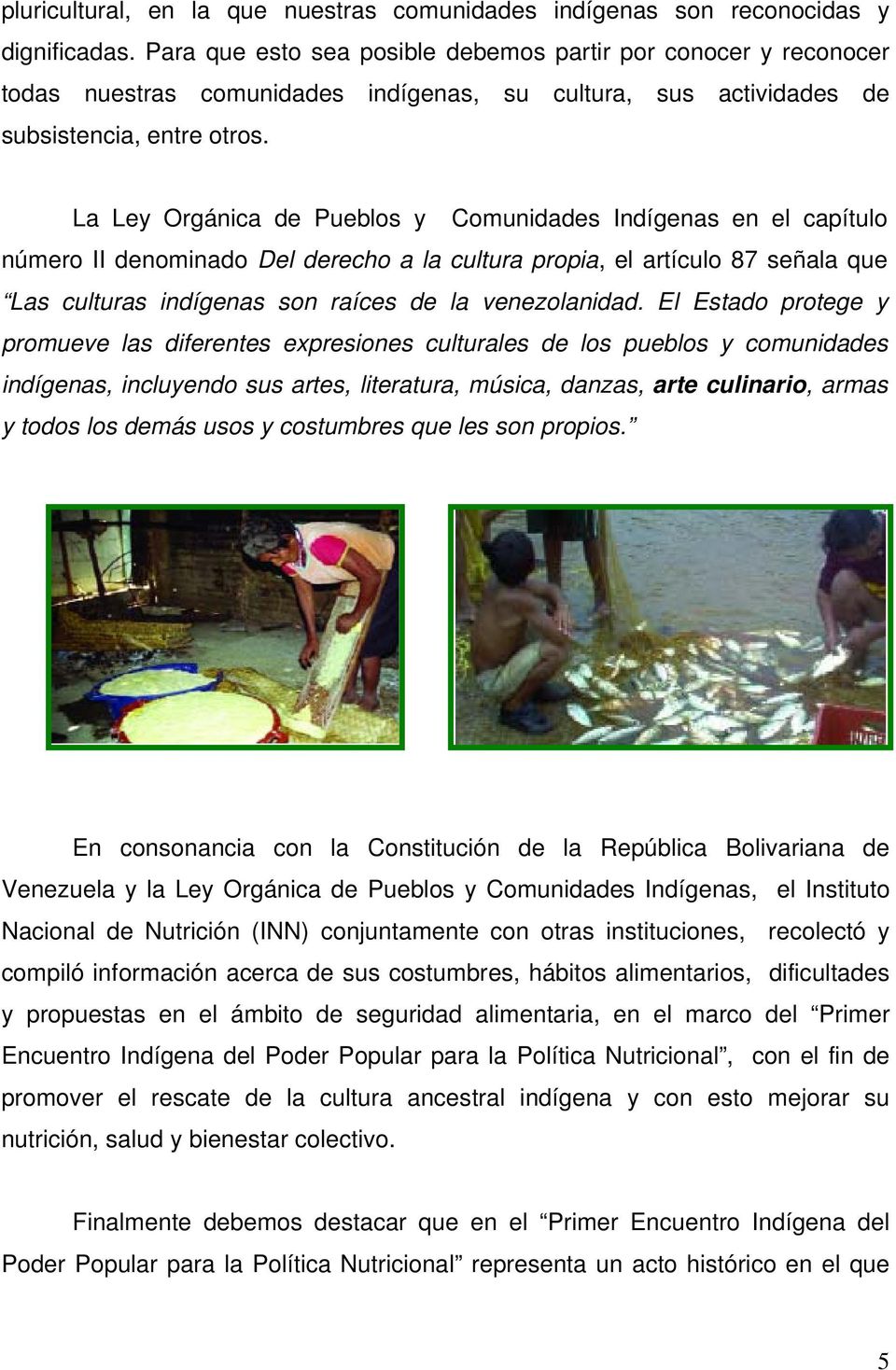 La Ley Orgánica de Pueblos y Comunidades Indígenas en el capítulo número II denominado Del derecho a la cultura propia, el artículo 87 señala que Las culturas indígenas son raíces de la venezolanidad.