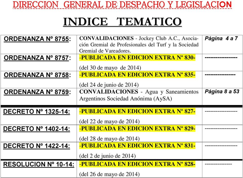 Agua y Saneamientos Argentinos Sociedad Anónima (AySA) DECRETO Nº 1325-14: -PUBLICADA EN EDICION EXTRA Nº 827- (del 22 de mayo de 2014) DECRETO Nº 1402-14: -PUBLICADA EN EDICION EXTRA Nº 829- (del 28