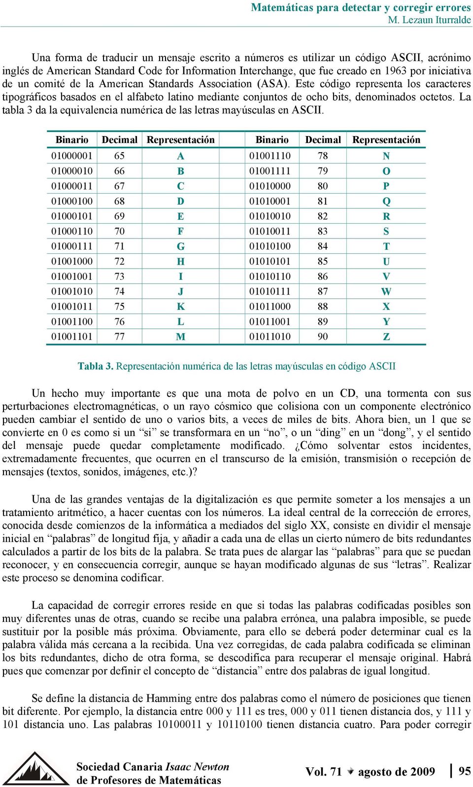 La tabla da la equivalencia numérica de las letras mayúsculas en ASCII.