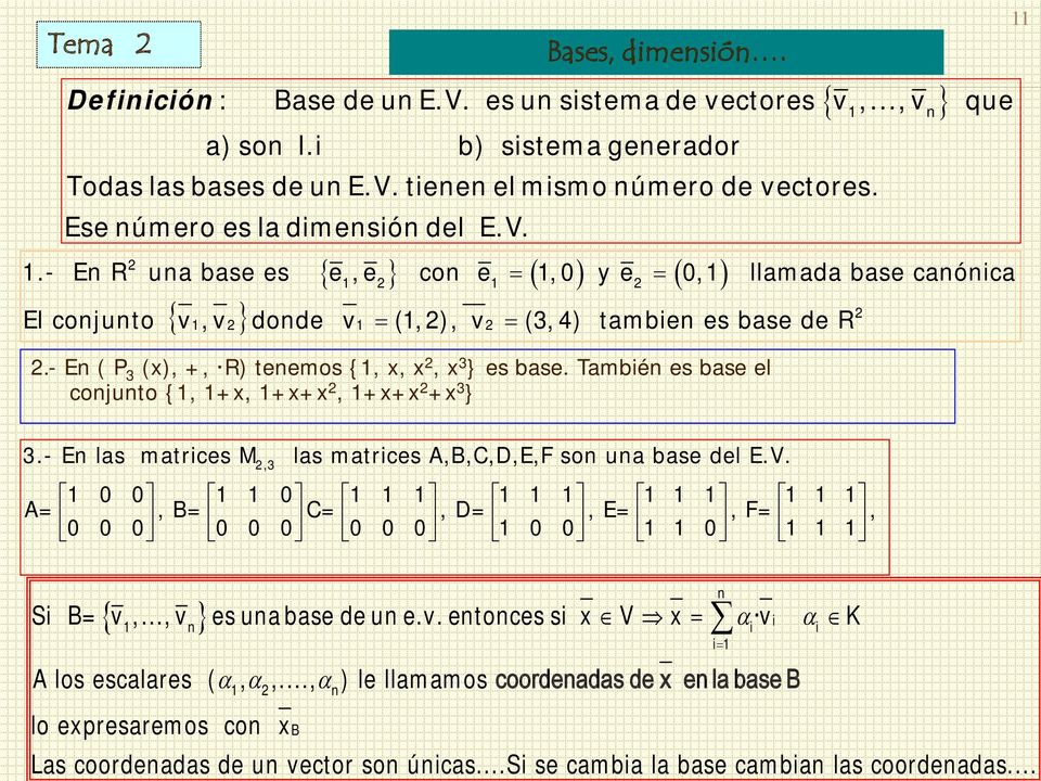 - E ( P 3 (x), +, R) teemos {, x, x 2, x 3 } es base. Tambié es base el cojuto {, +x, +x+x 2, +x+x 2 +x 3 } 3.- E las matrices M 2,3 las matrices A,B,C,D,E,F so ua base del E.V.
