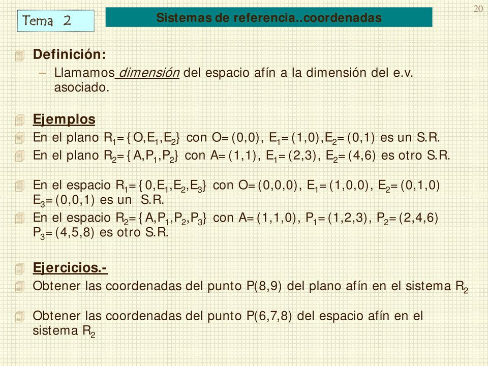R. E el espacio R 2 ={A,P,P 2,P 3 } co A=(,,0), P =(,2,3), P 2 =(2,4,6) P 3 =(4,5,8) es otro S.R. Ejercicios.