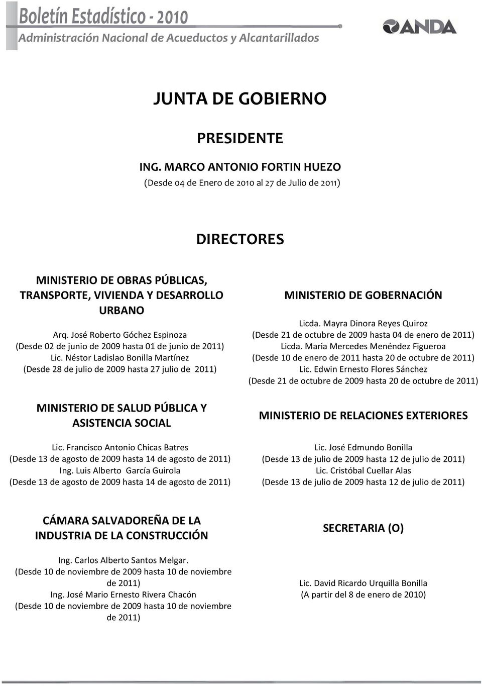 Néstor Ladislao Bonilla Martínez (Desde 28 de julio de 2009 hasta 27 julio de 2011) MINISTERIO DE SALUD PÚBLICA Y ASISTENCIA SOCIAL Lic.