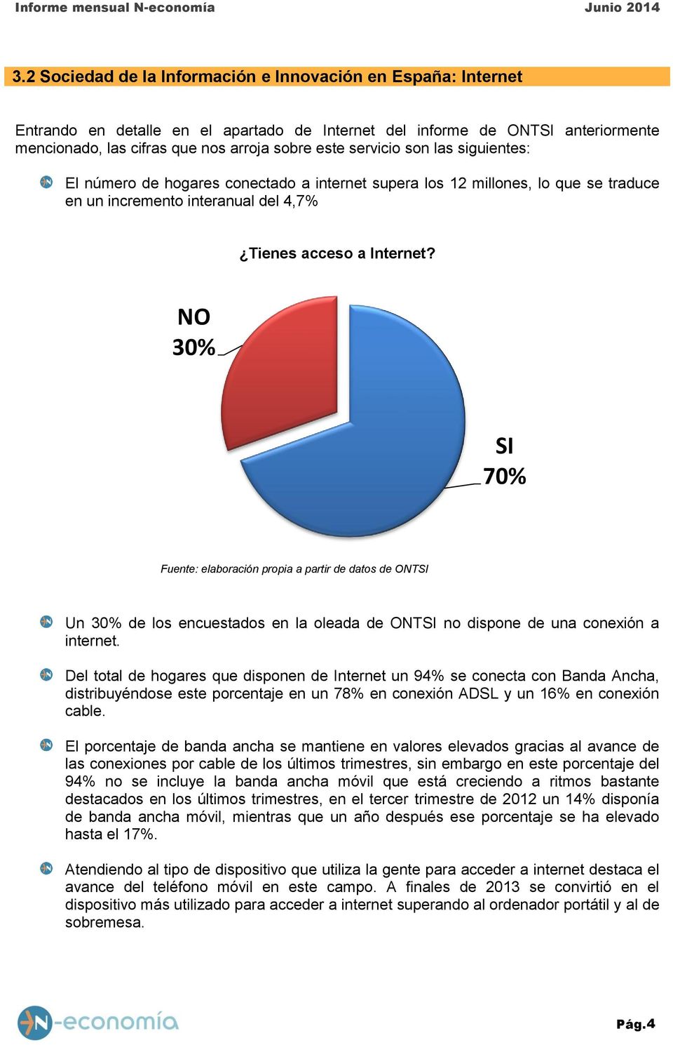 NO 30% SI 70% Fuente: elaboración propia a partir de datos de ONTSI Un 30% de los encuestados en la oleada de ONTSI no dispone de una conexión a internet.