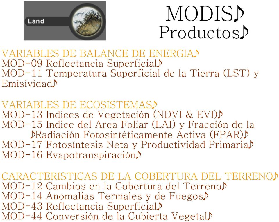 Fotosintéticamente Activa (FPAR) MOD-17 Fotosíntesis Neta y Productividad Primaria MOD-16 Evapotranspiración CARACTERISTICAS DE LA COBERTURA DEL