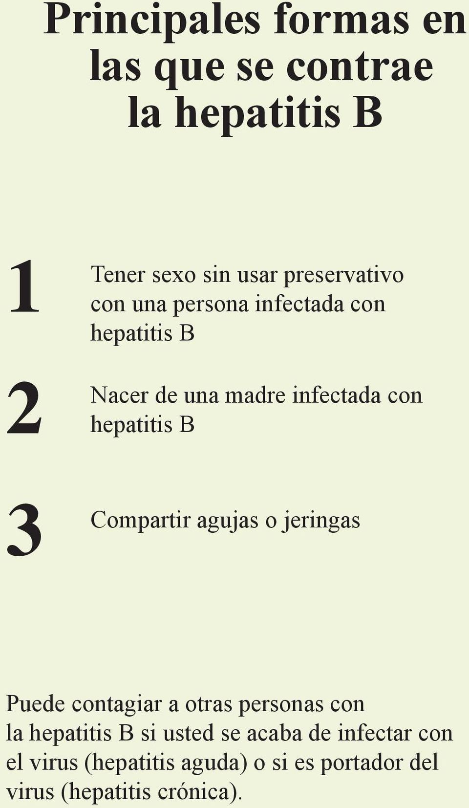 B 3 Compartir agujas o jeringas Puede contagiar a otras personas con la hepatitis B si usted
