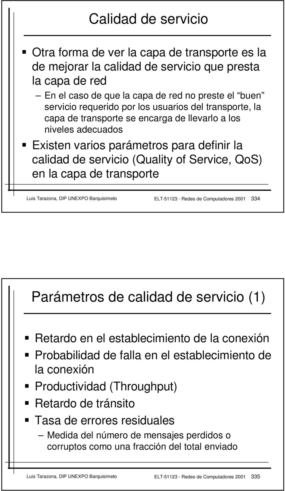 transporte Luis Tarazona, DIP UNEXPO Barquisimeto ELT-51123 - Redes de Computadores 2001 334 Parámetros de calidad de servicio (1) Retardo en el establecimiento de la conexión Probabilidad de falla