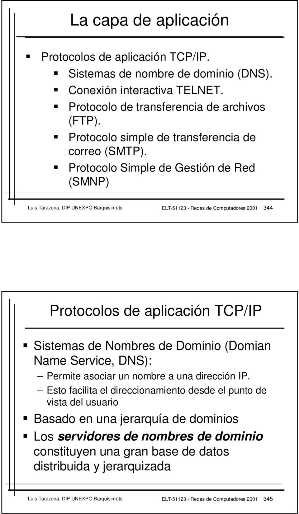 Protocolo Simple de Gestión de Red (SMNP) Luis Tarazona, DIP UNEXPO Barquisimeto ELT-51123 - Redes de Computadores 2001 344 Protocolos de aplicación TCP/IP Sistemas de Nombres de Dominio