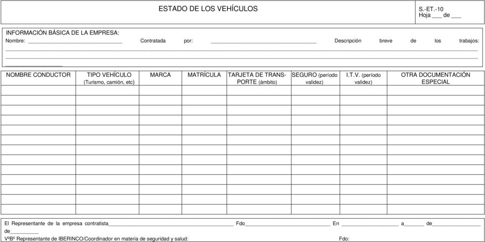 CONDUCTOR TIPO VEHÍCULO (Turismo, camión, etc) MARCA MATRÍCULA TARJETA DE TRANS- PORTE (ámbito) SEGURO
