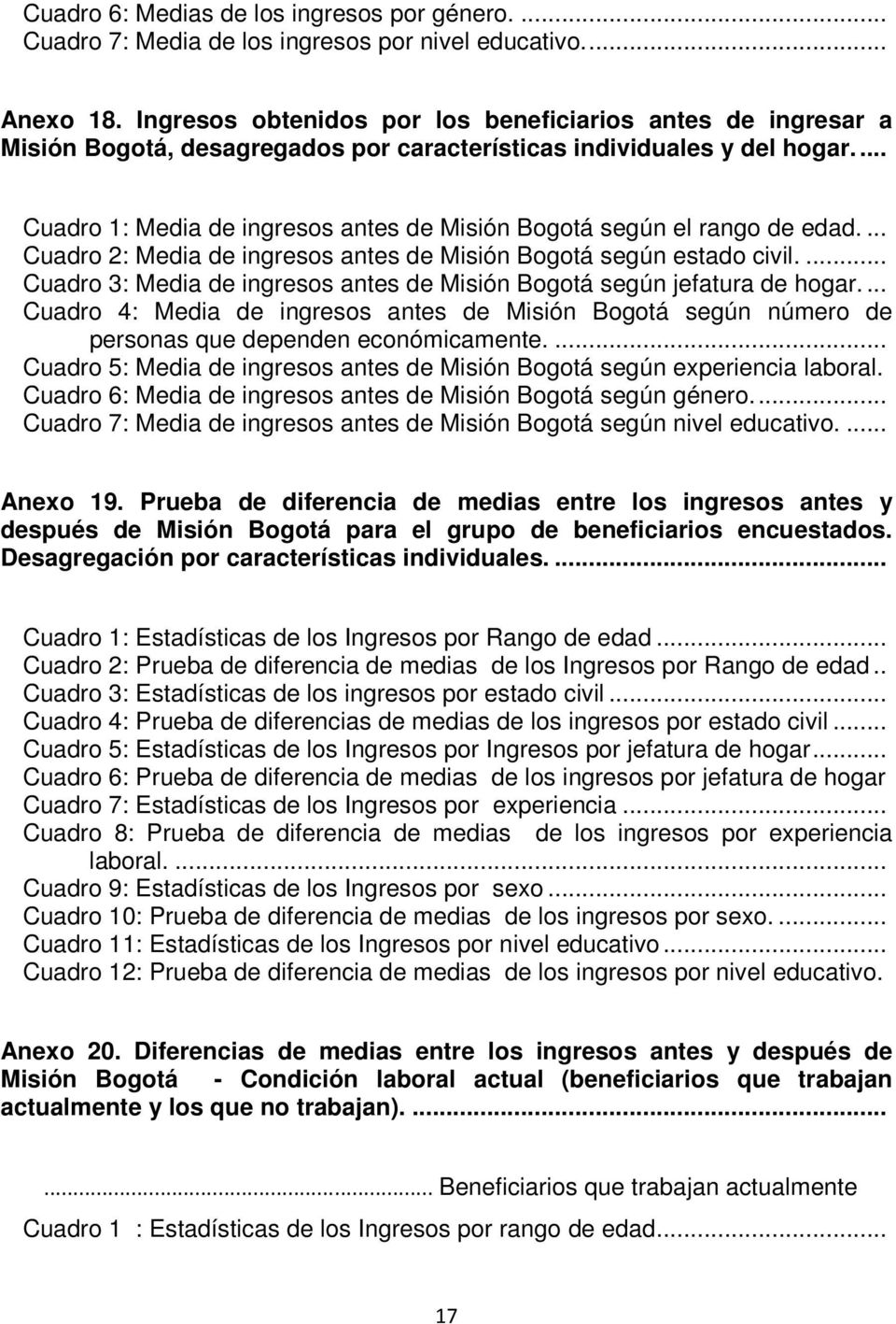 ... Cuadro 1: Media de ingresos antes de Misión Bogotá según el rango de edad.... Cuadro 2: Media de ingresos antes de Misión Bogotá según estado civil.