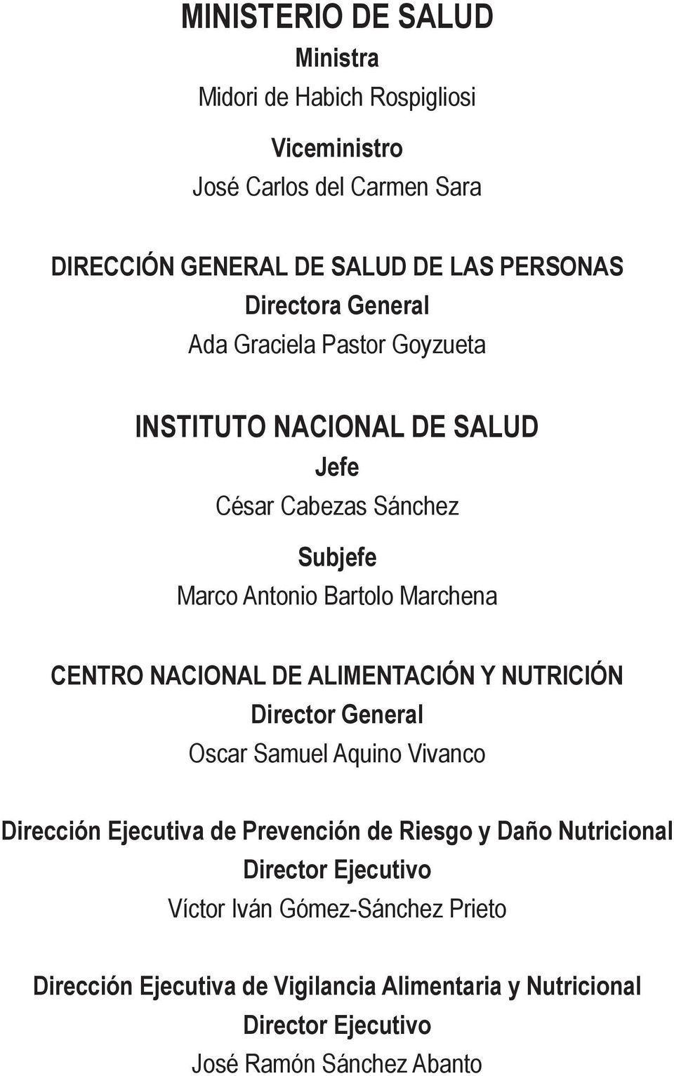 NACIONAL DE ALIMENTACIÓN Y NUTRICIÓN Director General Oscar Samuel Aquino Vivanco Dirección Ejecutiva de Prevención de Riesgo y Daño Nutricional