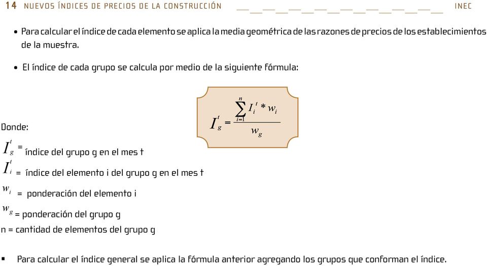 El índice de cada grupo se calcula por medio de la siguiente fórmula: Donde: I t g = índice del grupo g en el mes t I t i = índice del