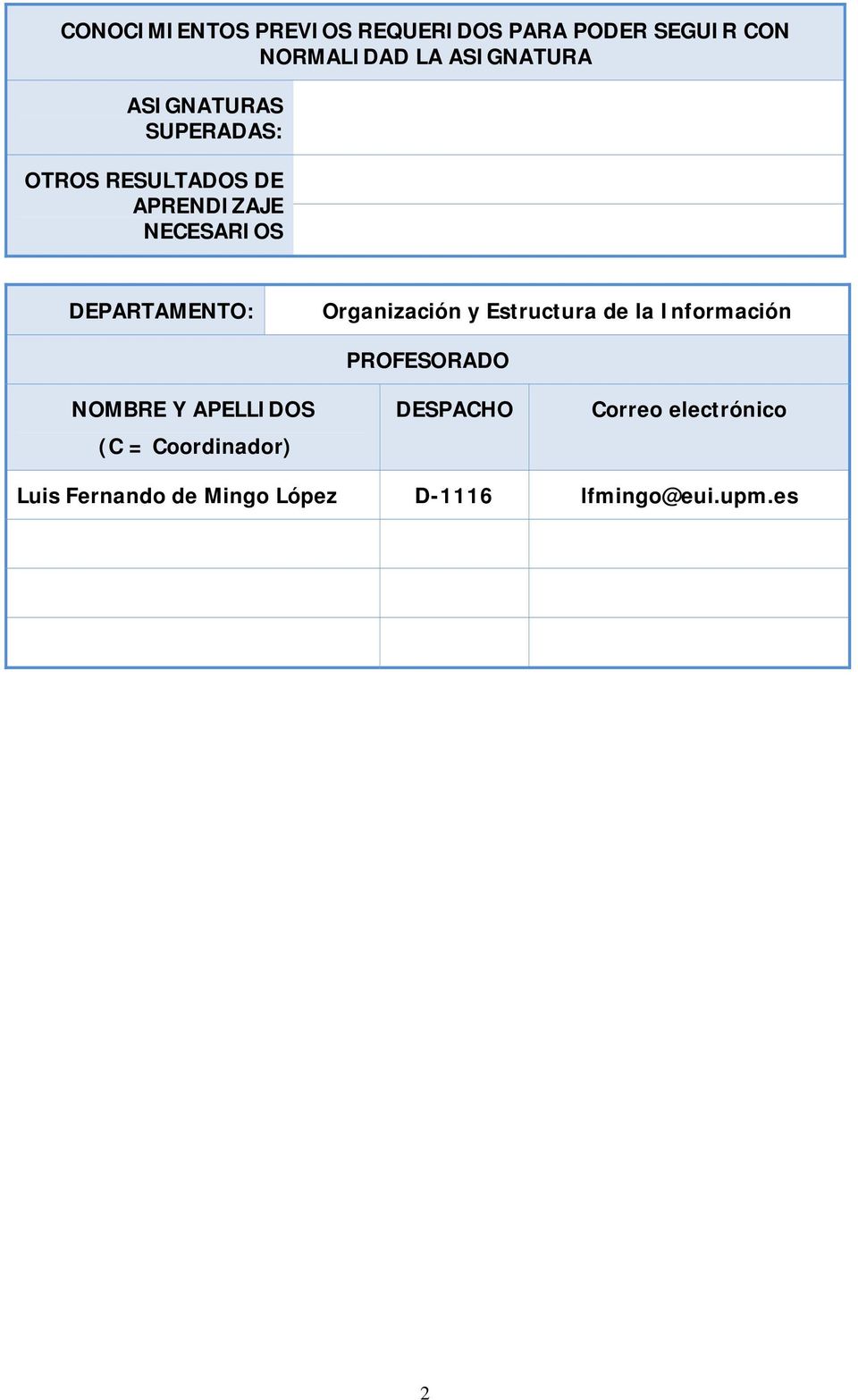 Organización y Estructura de la Información NOMBRE Y APELLIDOS (C = Coordinador)