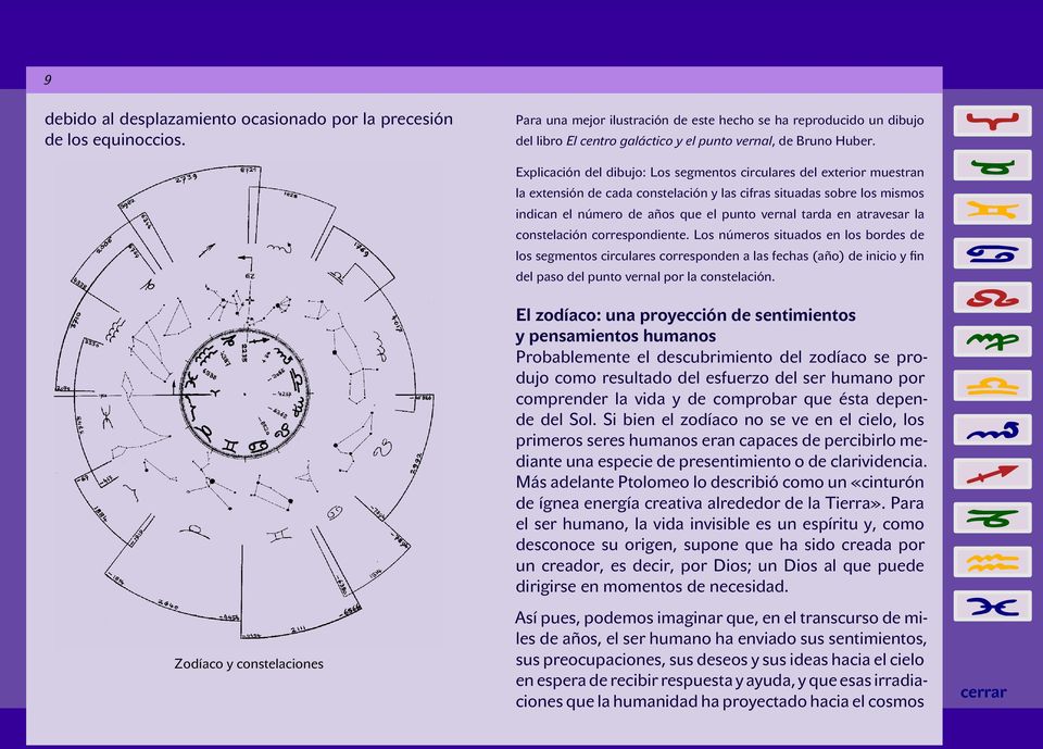 Zodíaco y constelaciones Explicación del dibujo: Los segmentos circulares del exterior muestran la extensión de cada constelación y las cifras situadas sobre los mismos indican el número de años que