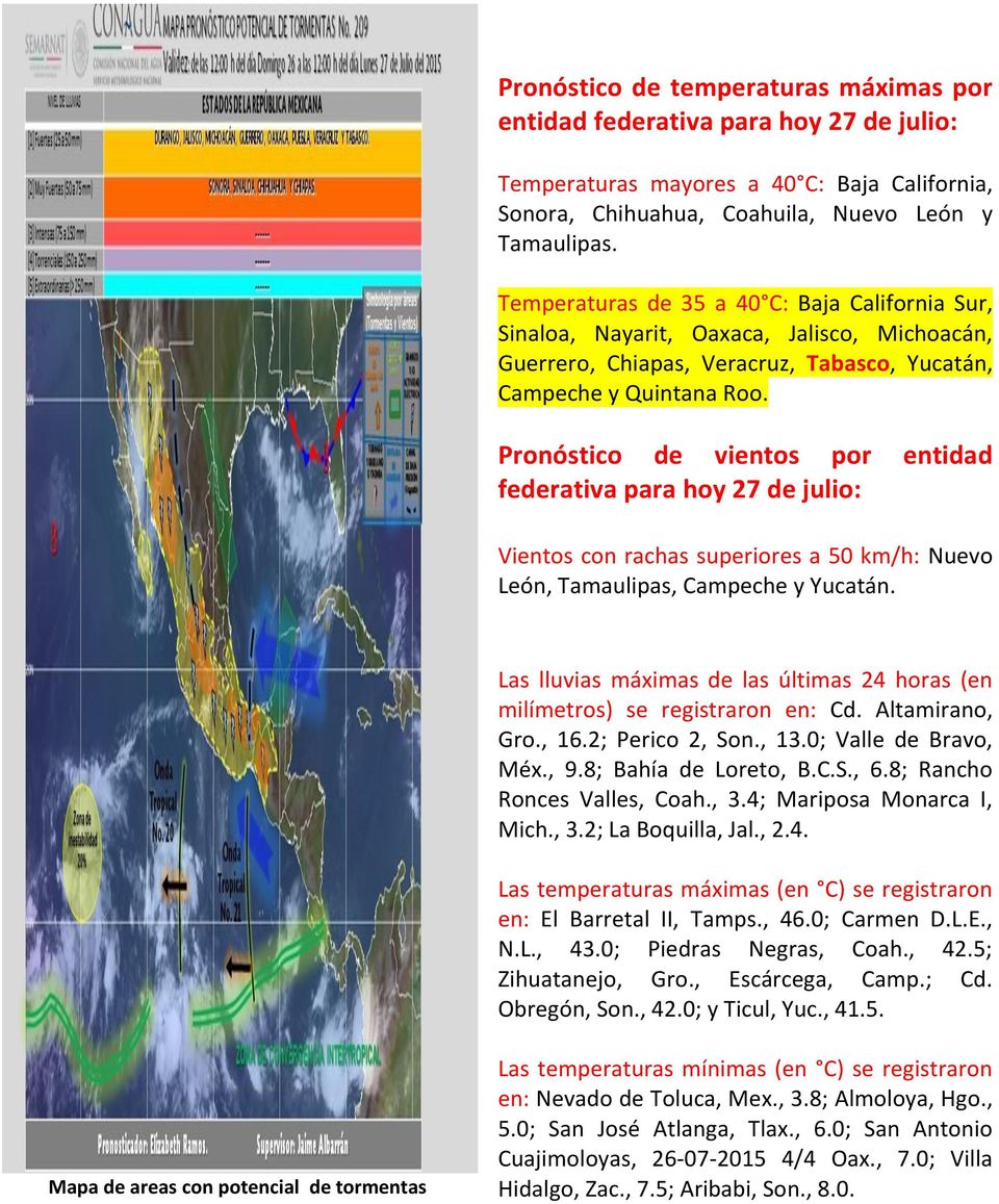 Pronóstico de vientos por entidad federativa para hoy 27 de : Vientos con rachas superiores a 5 km/h: Nuevo León, Tamaulipas, Campeche y Yucatán.
