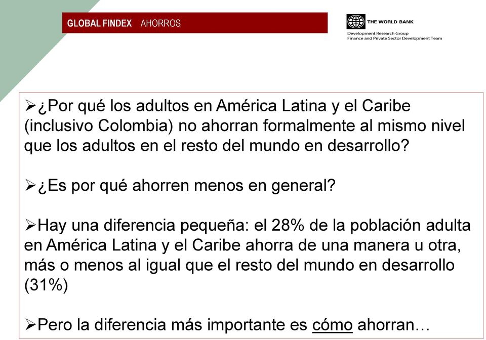 Hay una diferencia pequeña: el 28% de la población adulta en América Latina y el Caribe ahorra de una manera