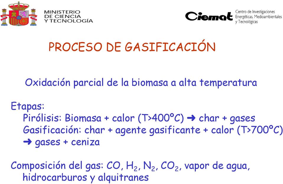 Gasificación: char + agente gasificante + calor (T>700ºC) gases + ceniza