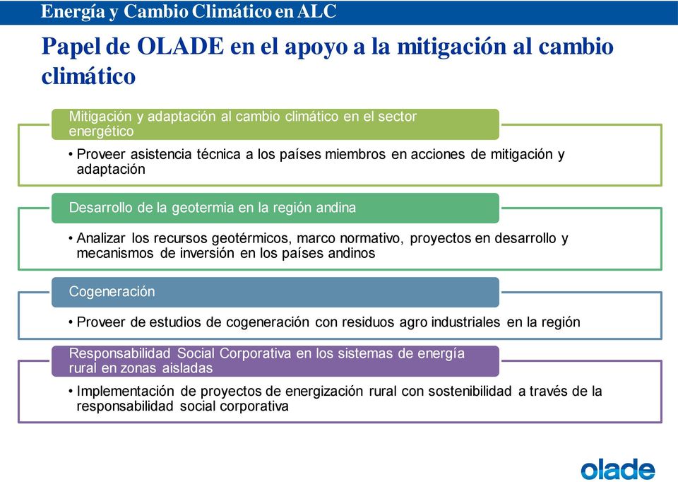y mecanismos de inversión en los países andinos Cogeneración Proveer de estudios de cogeneración con residuos agro industriales en la región Responsabilidad Social