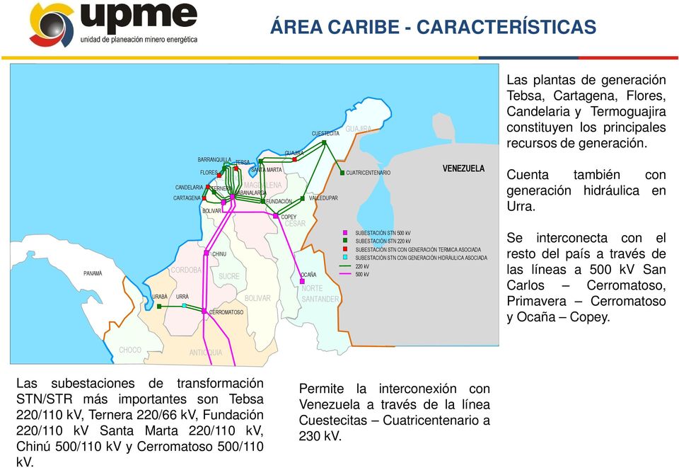 ASOCIADA SUBESTACIÓN STN CON GENERACIÓN HIDRÁULICA ASOCIADA 220 kv 500 kv Las plantas de generación Tebsa, Cartagena, Flores, Candelaria y Termoguajira constituyen los principales recursos de