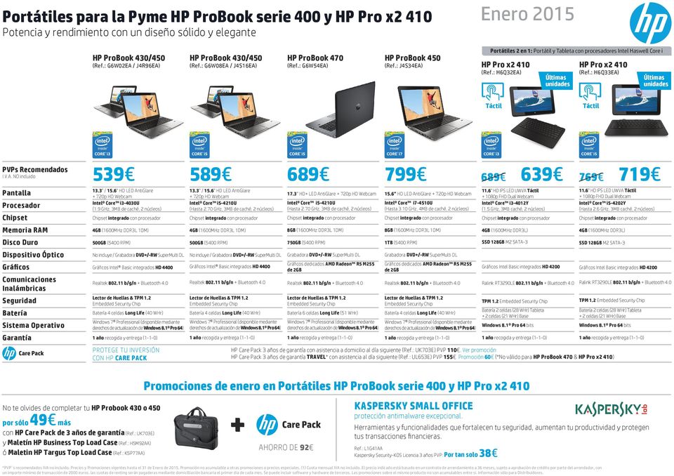 : H6Q32EA) Últimas unidades HP Pro x2 410 (Ref.: H6Q33EA) Últimas unidades 539 13.3" / 15.6" HD LED AntiGlare + 720p HD Webcam Intel Core i3-4030u (1.