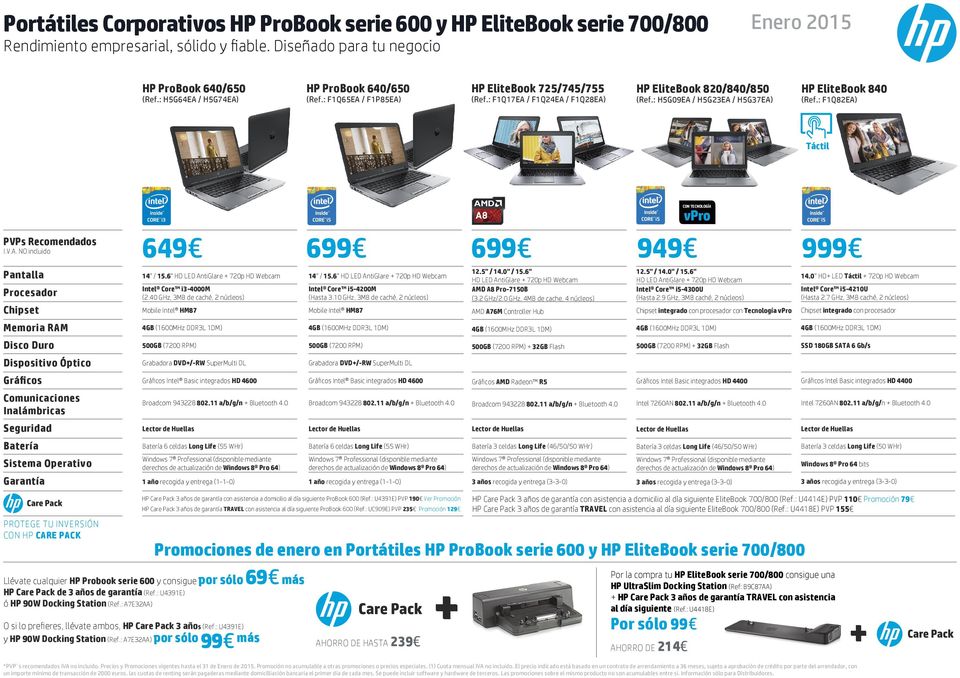 : H5G09EA / H5G23EA / H5G37EA) HP EliteBook 840 (Ref.: F1Q82EA) 649 14" / 15.6" HD LED AntiGlare + 720p HD Webcam Intel Core i3-4000m (2.