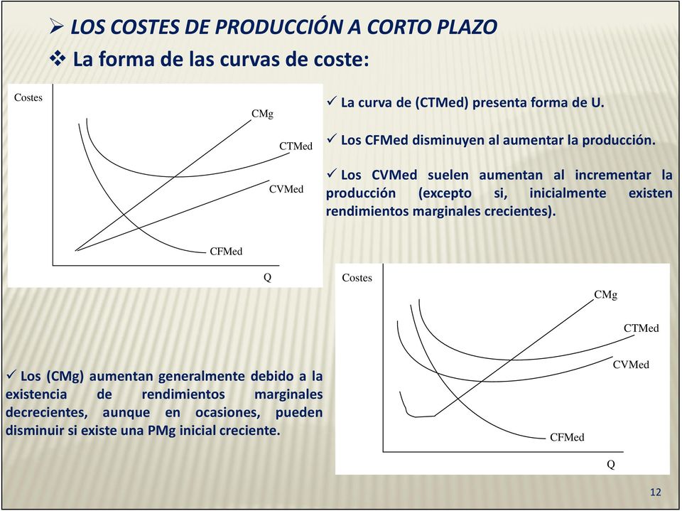 Los CVMed suelen aumentan al incrementar la producción (excepto si, inicialmente existen rendimientos marginales crecientes).