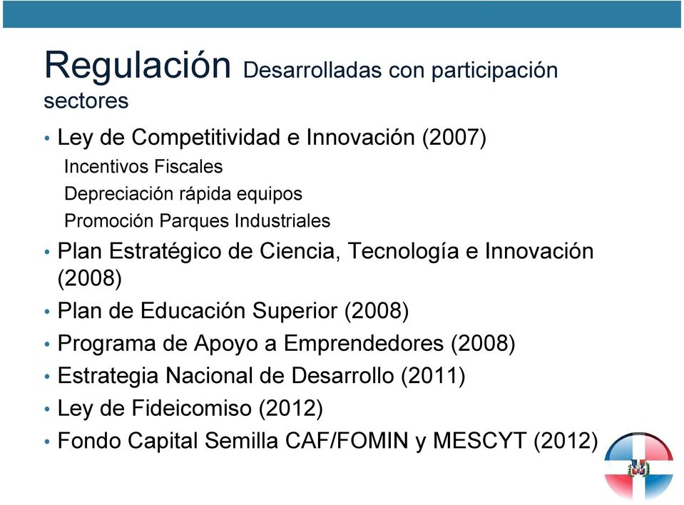 Tecnología e Innovación (2008) Plan de Educación Superior (2008) Programa de Apoyo a Emprendedores (2008)