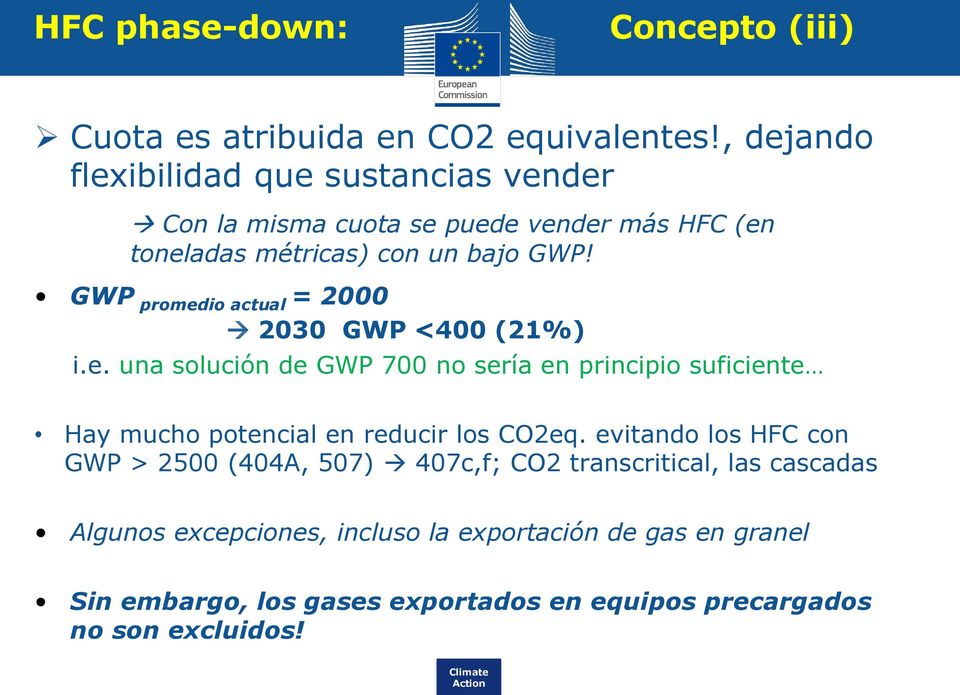 GWP promedio actual = 2000 2030 GWP <400 (21%) i.e. una solución de GWP 700 no sería en principio suficiente Hay mucho potencial en reducir los CO2eq.