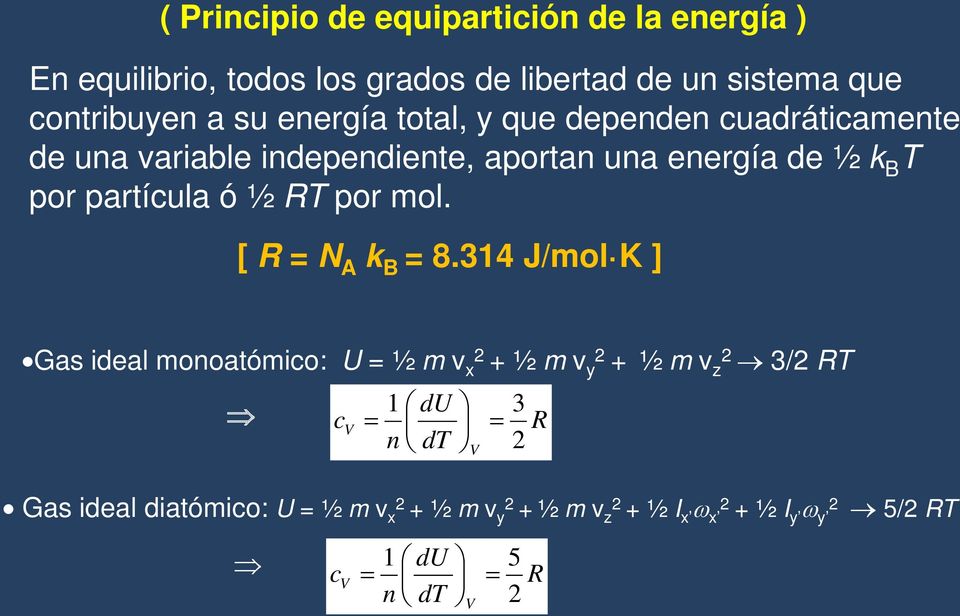 partícula ó ½ RT por mol. [ R = N A k B = 8.