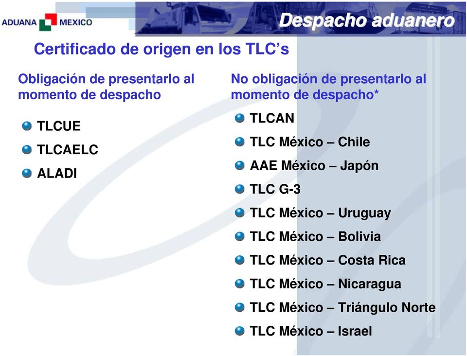 despacho* TLCAN TLC México Chile AAE México Japón TLC G-3 TLC México Uruguay TLC