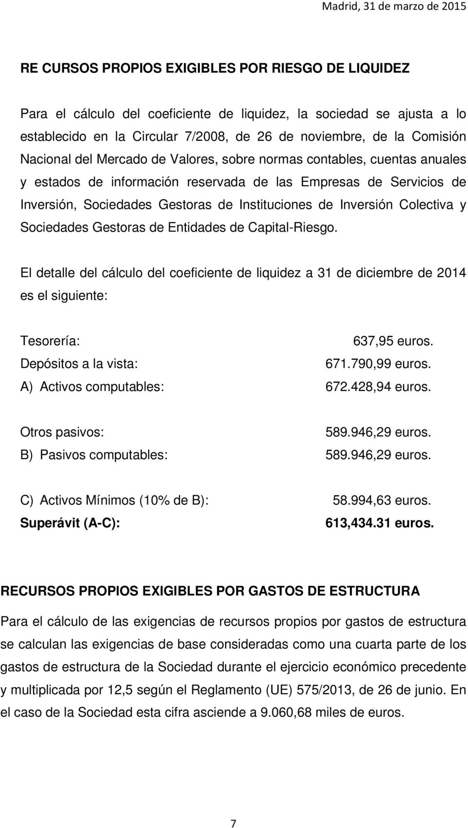 Inversión Colectiva y Sociedades Gestoras de Entidades de Capital-Riesgo. El detalle del cálculo del coeficiente de liquidez a 31 de diciembre de 2014 es el siguiente: Tesorería: 637,95 euros.