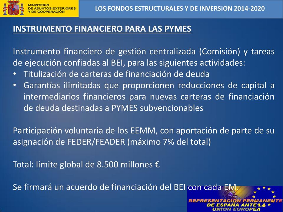 intermediarios financieros para nuevas carteras de financiación de deuda destinadas a PYMES subvencionables Participación voluntaria de los EEMM, con