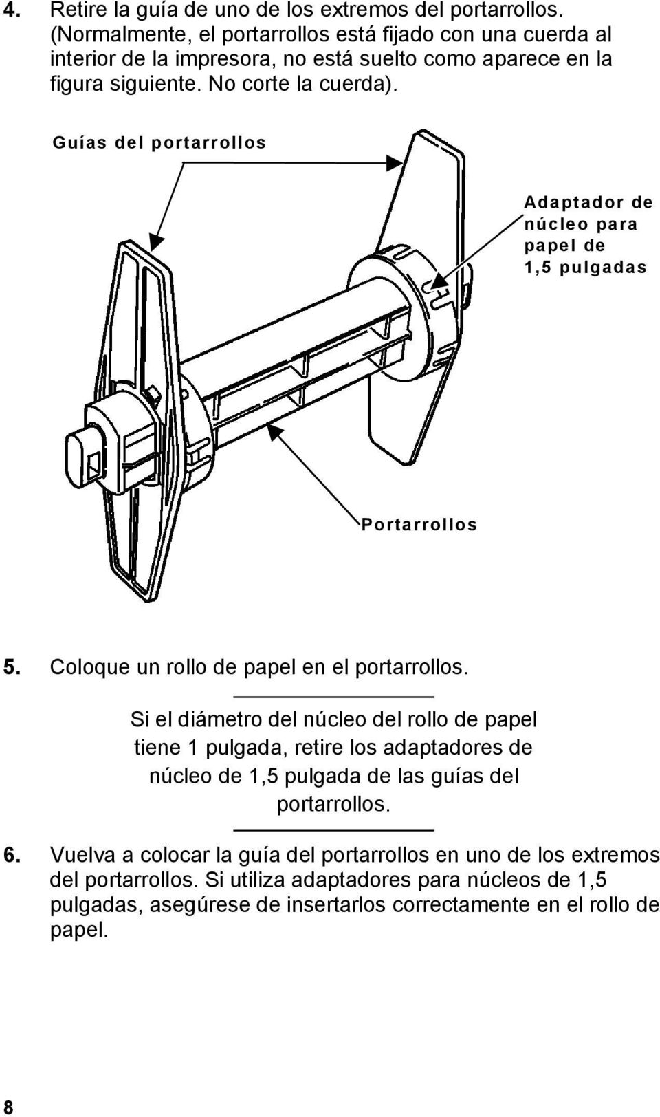 Guías del portarrollos Adaptador de núcleo para papel de 1,5 pulgadas Portarrollos 5. Coloque un rollo de papel en el portarrollos.