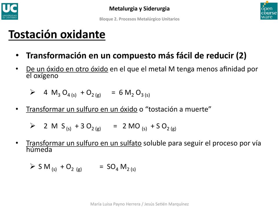 O 3 (s) Transformar un sulfuro en un óxido o tostación a muerte 2 M S (s) + 3 O 2 (g) = 2 MO (s) + S O 2 (g)