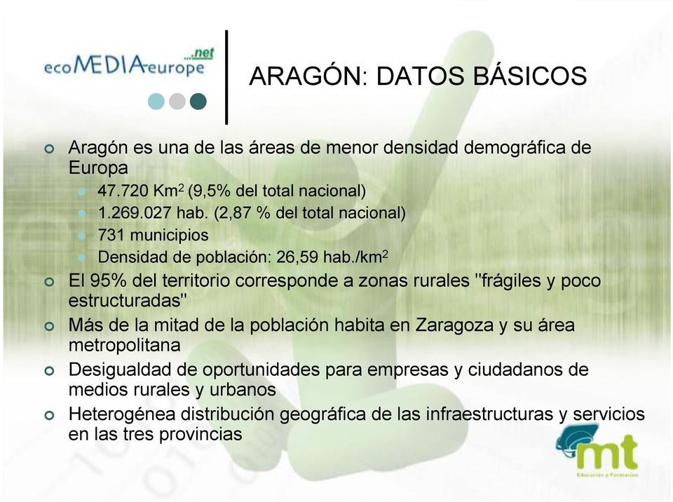 /km 2 El 95% del territorio corresponde a zonas rurales "frágiles y poco estructuradas" Más de la mitad de la población habita en Zaragoza