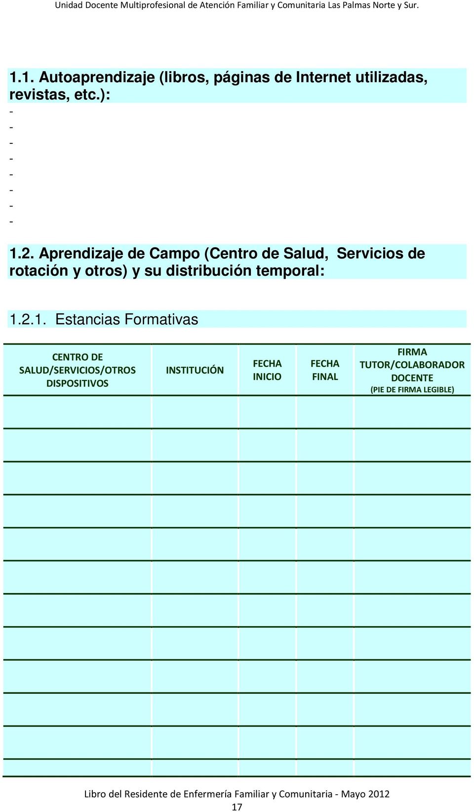 Aprendizaje de Campo (Centro de Salud, Servicios de rotación y otros) y su distribución